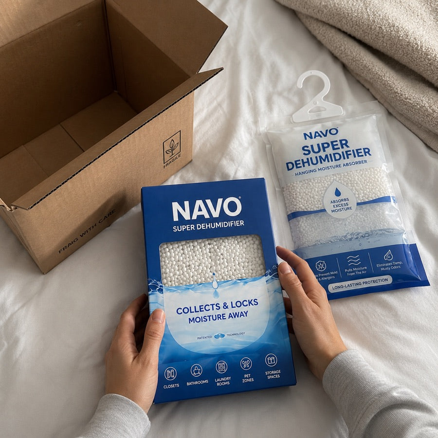 NAVO boxed and hanging dehumidifiers after unboxing
