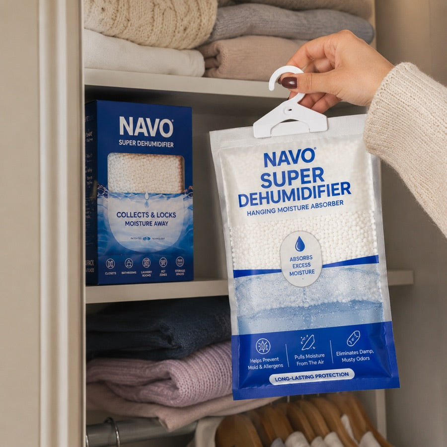 NAVO hanging moisture absorber placed in a closet