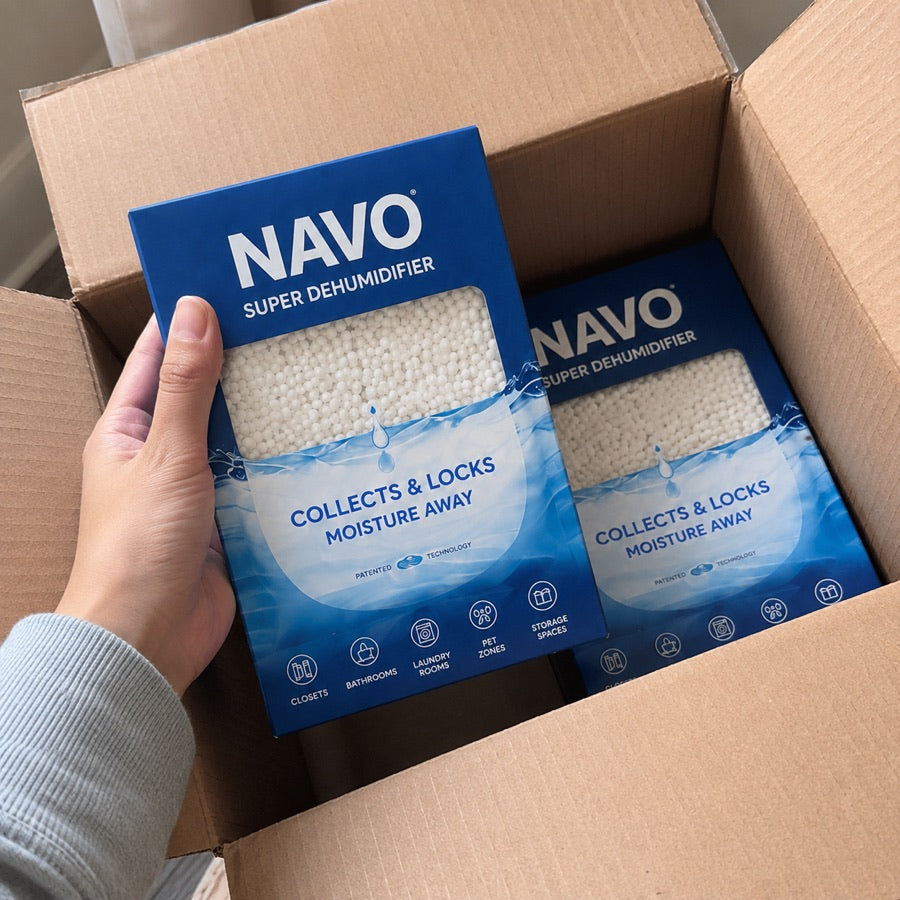 NAVO boxed dehumidifiers inside a shipping box